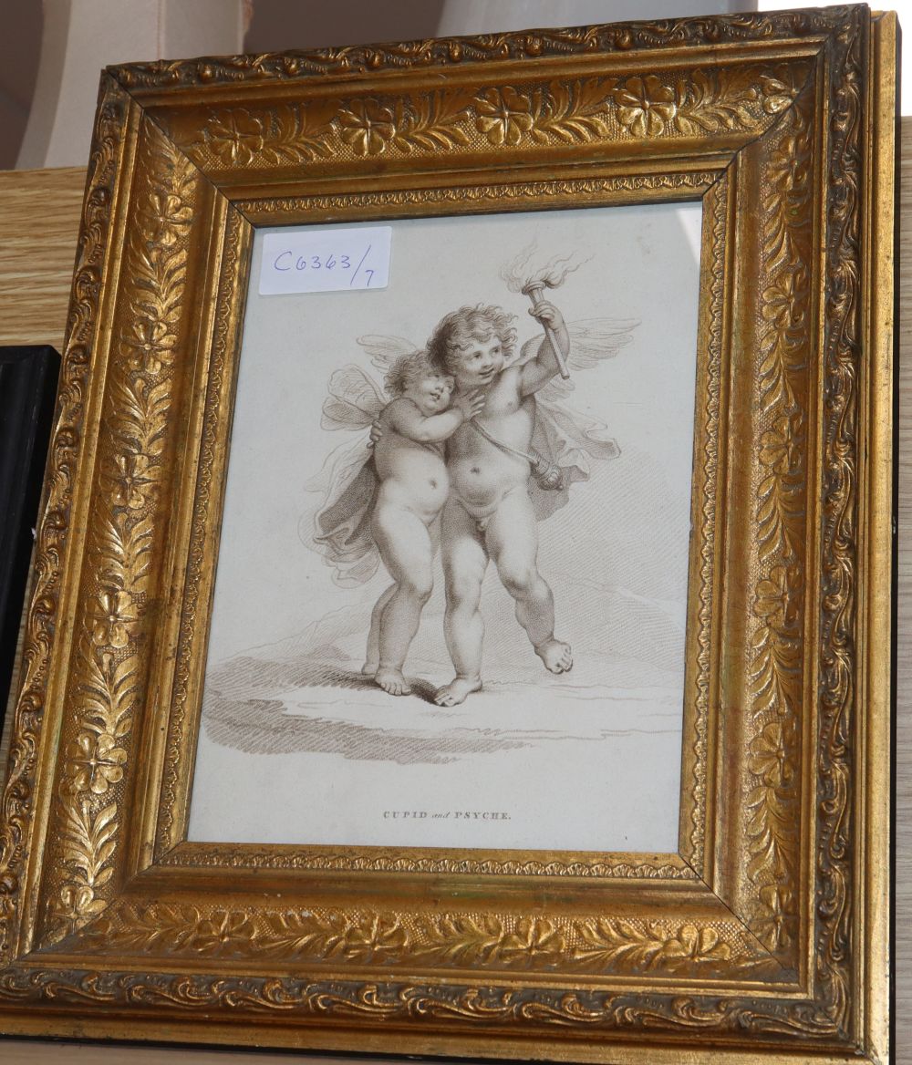 19th century stipple engraving after Bartolozzi, Cupid and Psyche, 23 x 17cm